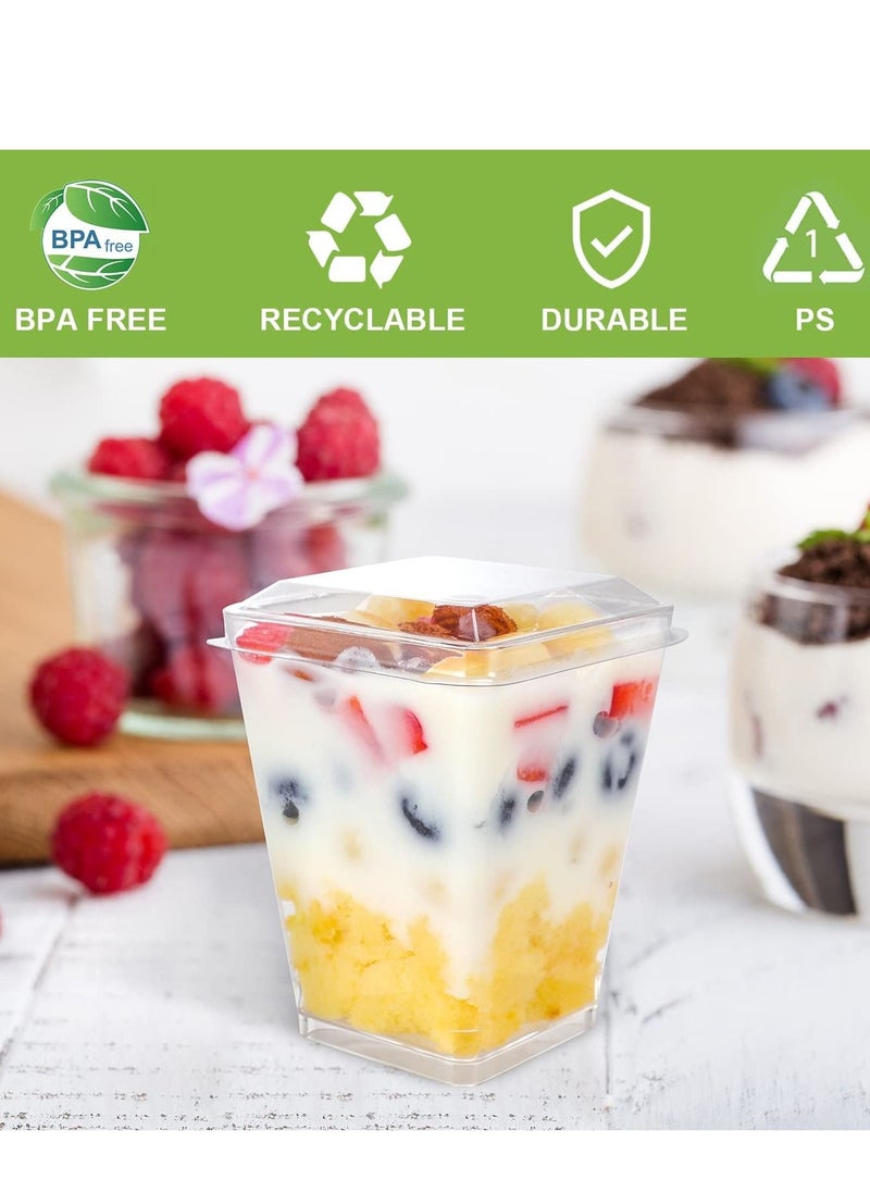 Y&D Plastic Dessert Cups with Lids and Spoons, 50 Pack Square Appetizer Small Clear Tumbler Set for Party Mini Puddings Mousse 5 Oz  - Image 5