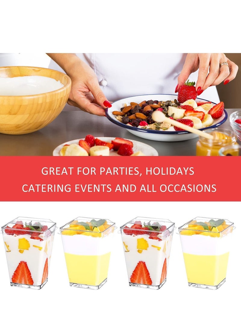 Y&D Plastic Dessert Cups with Lids and Spoons, 50 Pack Square Appetizer Small Clear Tumbler Set for Party Mini Puddings Mousse 5 Oz  - Image 3