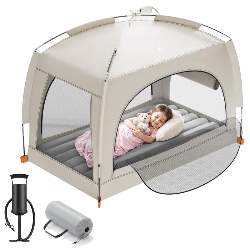 QPAU Inflatable Toddler Travel Bed with Tent â€“ Lightweight Blow Up Kids Air Mattress with Hand Pump â€“ Indoor & Outdoor Portable Sleeping Solution for Camping, Travel, Home, Grandmaâ€™s â€“ Ages 3+ - Image 1