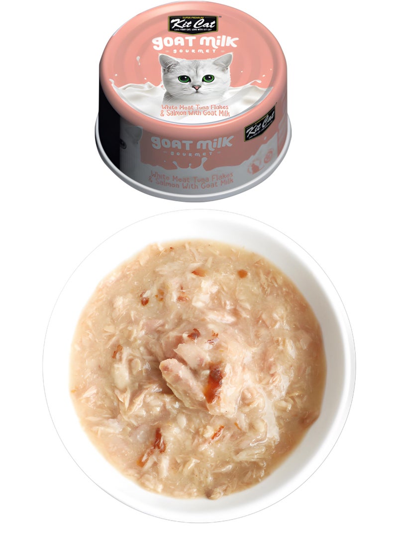 كيت كات كت كات ( 24 عبوة ) طعام رطب بنكهة -  لحم أبيض رقائق التونة والسلمون مع حليب الماعز /  لقطط الصغيرة و الكبيرة / 70 غرام - Image 3