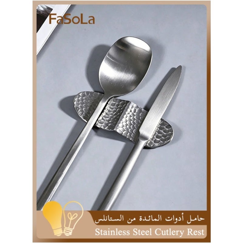 Stainless Steel Cutlery Rest, Hammered Texture Spoon and Chopstick Holder, Single Tableware Stand for Home Kitchen and Restaurant Dining Silver, 9 x 3 cm - Image 1
