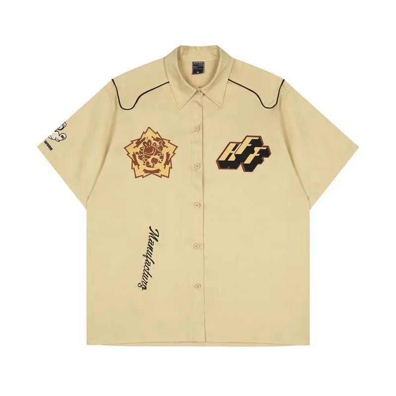 Generic American retro hiphop fried street racing suit shirt mens short sleeve summer loose ins fashion brand motorcycle thin shirt 64 khaki printing