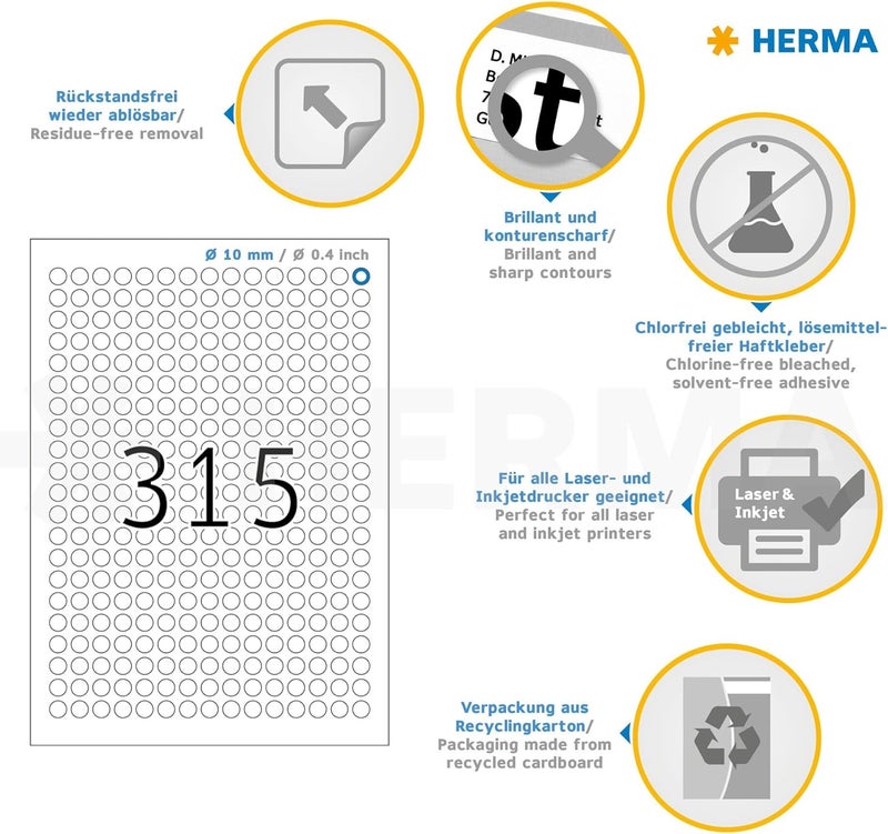 Herma Self Adhesive Removable Multi-Purpose Labels, 315 Labels Per A4 Sheet, 7875 Labels For Printers, Round, Ø 10 mm (4385), White - Image 3