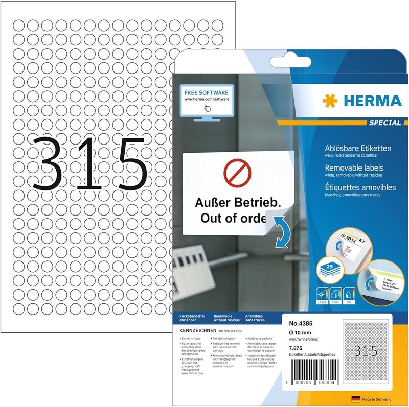Herma Self Adhesive Removable Multi-Purpose Labels, 315 Labels Per A4 Sheet, 7875 Labels For Printers, Round, Ø 10 mm (4385), White - Image 1