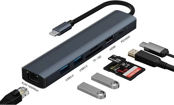 بولهاموبيل Polham 100W 7in1 Type C To 2x Usb, 1x 4K HDMI, 1x TF-SD Card, 1x RJ45 Port, 1x Pd Type C Coupler Hub