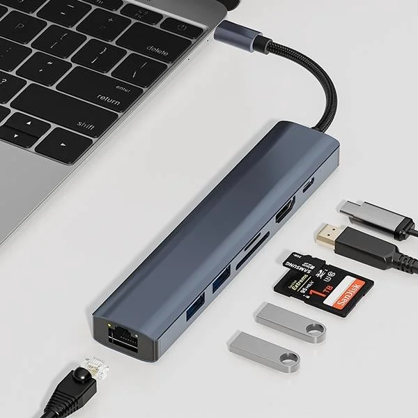 بولهاموبيل Polham 100W 7in1 Type C To 2x Usb, 1x 4K HDMI, 1x TF-SD Card, 1x RJ45 Port, 1x Pd Type C Coupler Hub