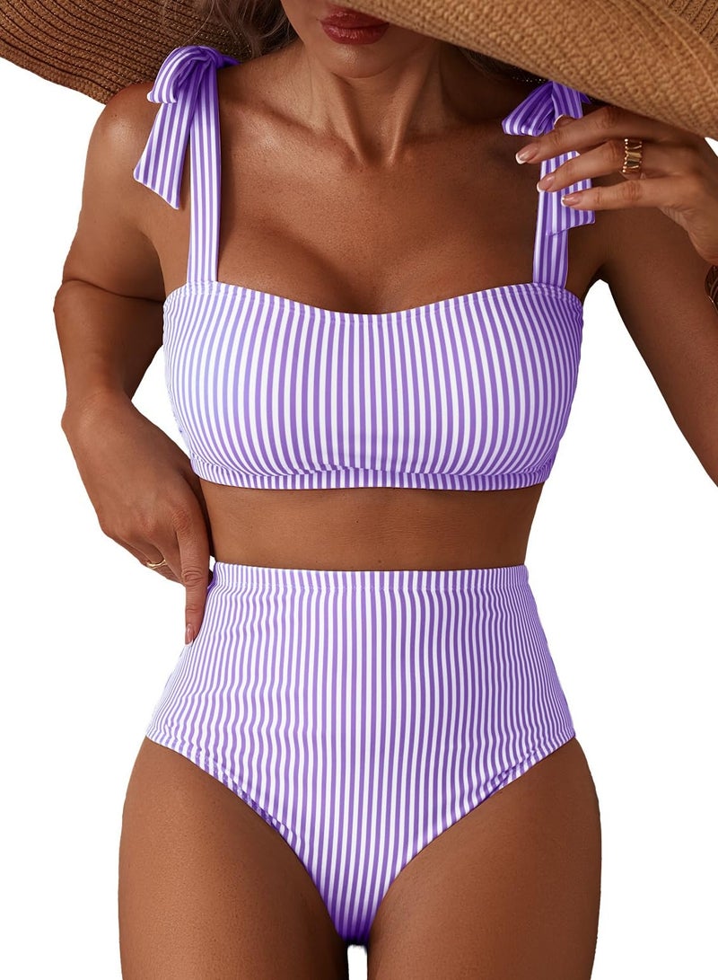 Herseas Women's Striped Adjustable Tie Shoulder Bikini Set Full Coverage Swimsuits High Waisted Two Piece Bathing Suits Flattering Stretchy Cruise Essentials Medium - Image 1
