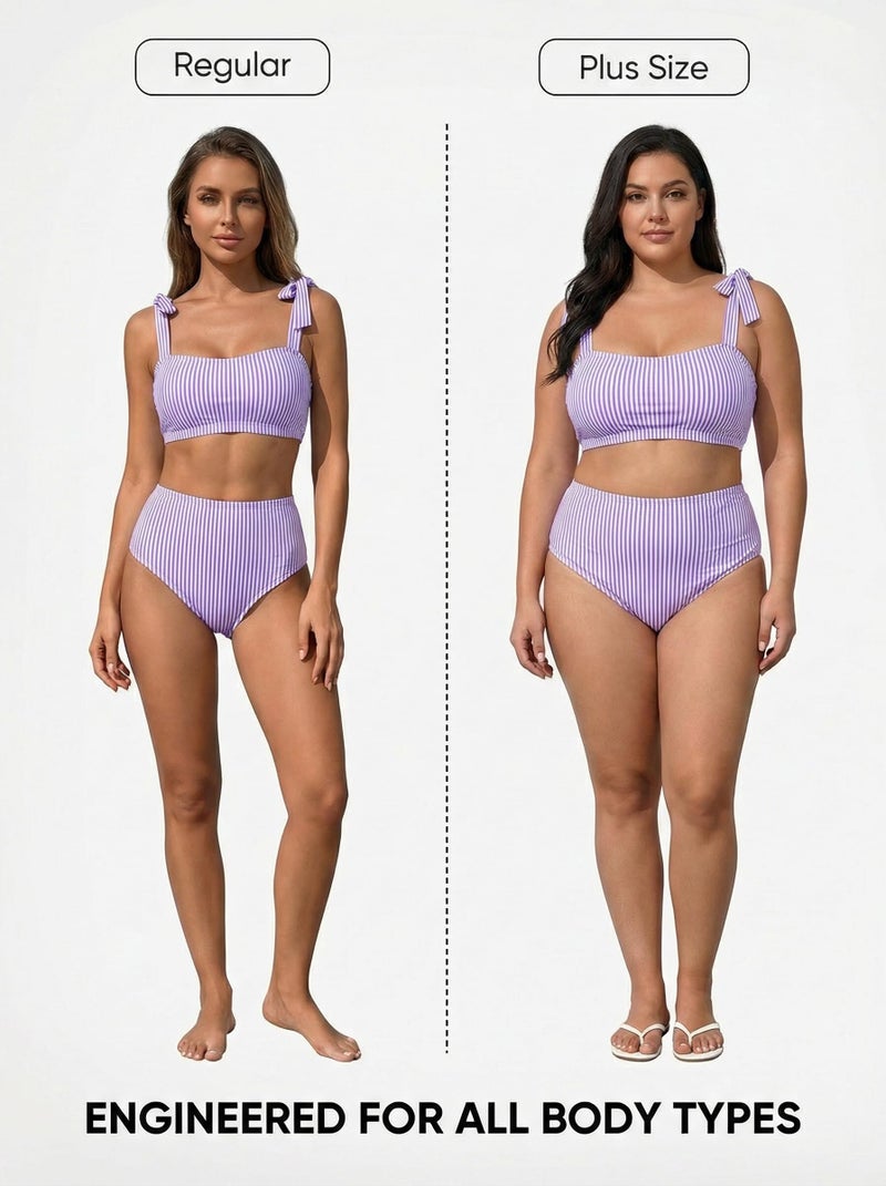 Herseas Women's Striped Adjustable Tie Shoulder Bikini Set Full Coverage Swimsuits High Waisted Two Piece Bathing Suits Flattering Stretchy Cruise Essentials Medium - Image 5