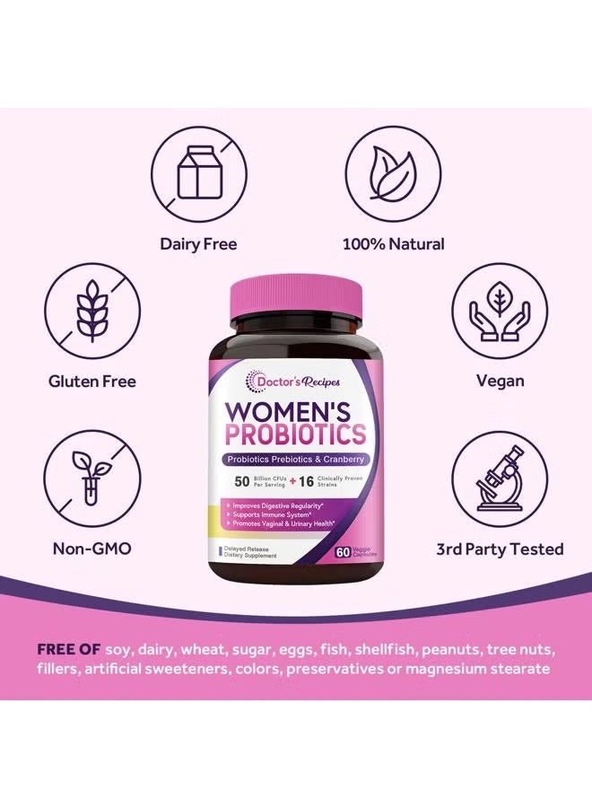 Doctor's Recipes Women's Probiotic, 60 Caps 50 Billion CFU 16 Strains, with Organic Cranberry, Digestive Immune Vaginal & Urinary Health, Shelf Stable, Delayed Release, No Soy Gluten Dairy - Image 2