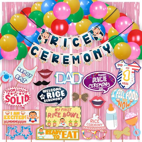 WOBBOX Annaprashan Party Props with Rice Ceremony Blue Color Bunting Banner & Balloon & Foil Fringe, Annaprashan Party Decoration (47 Pcs Combo) - Image 1