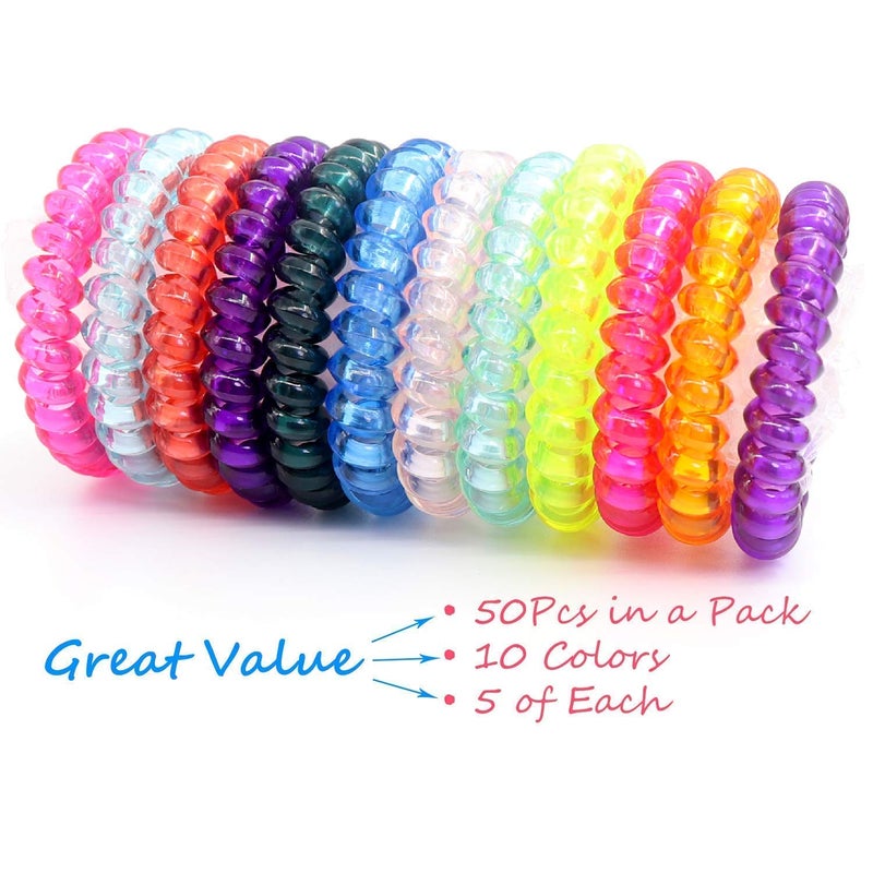 79STYLE 50pcs Spiral Coil Hair Ties No Crease Phone Cord Hair Ties Ponytail Holder Clear Hair Coil Scrunchies Colorful Hair Tie Spiral Coils in Bulk For Women Girls Thick Thin Hair Crystal10 Colors Large Size - Image 5