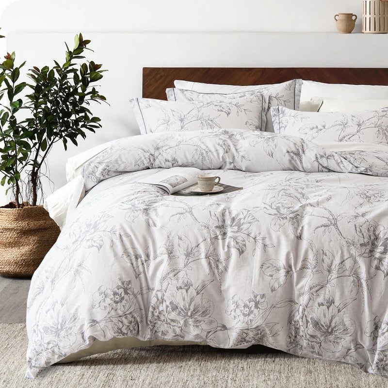 ALEISSEL 100 Natural Cotton 3pcs Floral Duvet Cover SetsWhite Duvet Cover with Gray Luxurious Flowers  Branches PatternBotanical Comforter Cover Sets with Button ClosureQueenBotanical