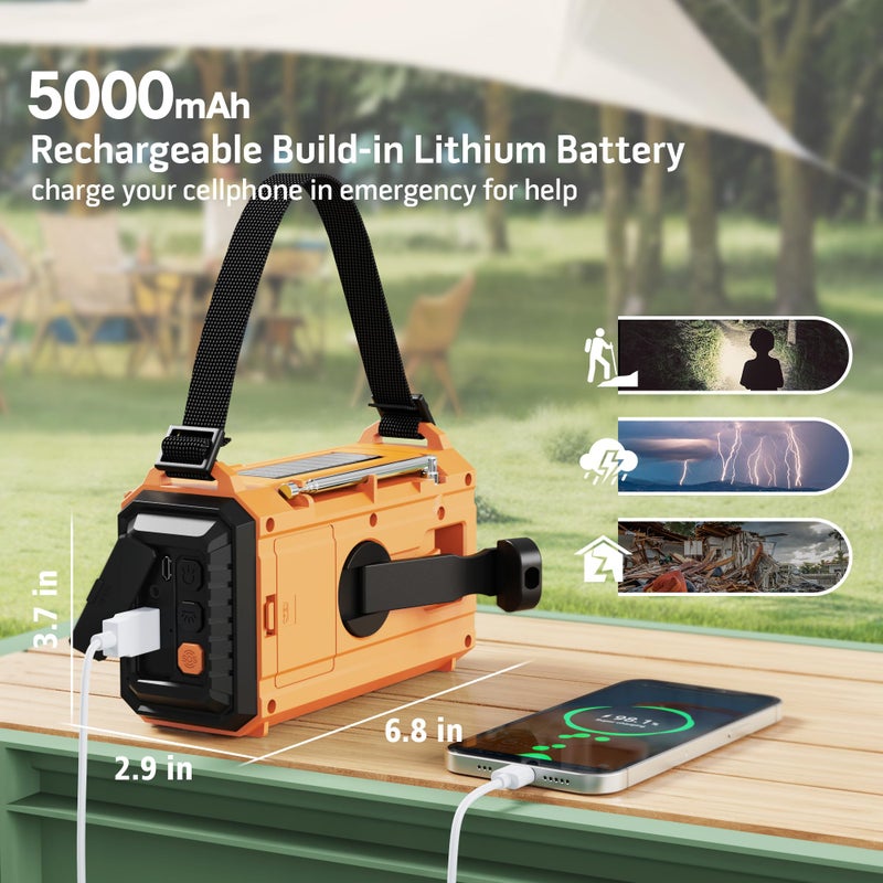 Mesqool 5000 Emergency Weather Radio with AM/FM/NOAA/SW, 5 Ways Powered Solar Hand Crank Alert Radio with LCD Display&SOS, Portable Radio with Cellphone Charger, Flashlight, Reading Lamp, Headphone Jack - Image 3