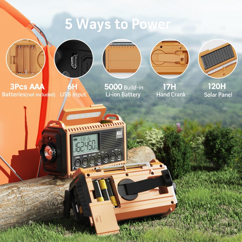 Mesqool 5000 Emergency Weather Radio with AM/FM/NOAA/SW, 5 Ways Powered Solar Hand Crank Alert Radio with LCD Display&SOS, Portable Radio with Cellphone Charger, Flashlight, Reading Lamp, Headphone Jack - Image 4