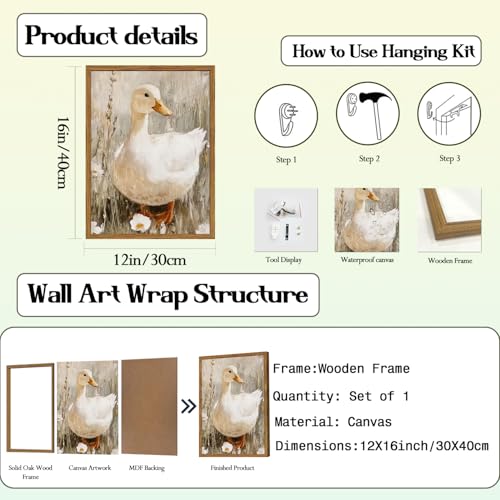 Hwetui Framed Vintage Duck Canvas Wall Art, Cute Farmhouse Animal Pictures Wall Decor, Rustic Country Nature Paintings Prints Cottagecore Home Decor for Living Room Bedroom Bathroom 12x16 inch - Image 5