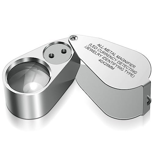 Leffis 40X Jewelers Loupe Magnifier Magnifying Glasses LEDUV Illuminated Jewelry Loop Pocket Folding Magnifying Glass with Metal Construction for Close Work Gardening Kids Stamp Rock Collecting