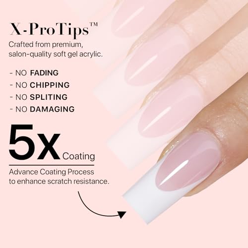 SXC Cosmetics French Tip Press On Nails Pink Medium Almond 150 Pieces in 15 Sizes Ultra Fit with Preapplied Tip Primer and Base Coat No Need to File Fake Nails for Nail Art DIY XPro Tips - Image 3