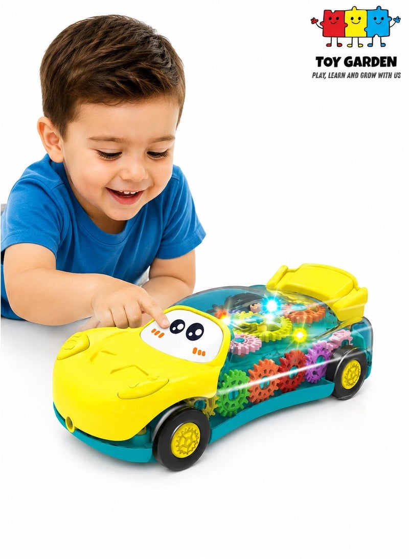TOY GARDEN 2-in-1 Transparent Gear Toy Car, Transparent Gear Toy Car for Kids with Colorful Flashing LED Lights, Moving Mechanical Gears and Cute Cartoon Face - Educational Light Up Vehicle Toy for Toddlers Boys and Girls (Yellow) - Image 1