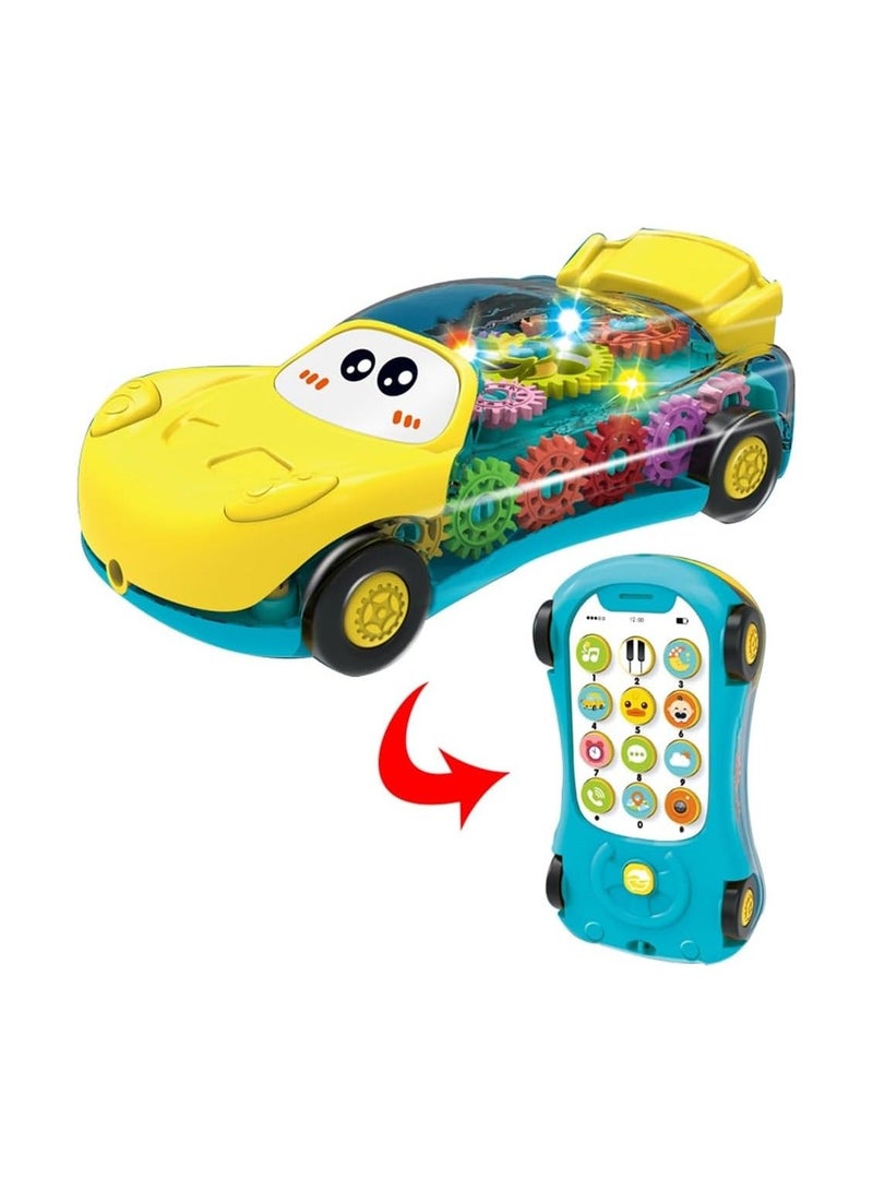 TOY GARDEN 2-in-1 Transparent Gear Toy Car, Transparent Gear Toy Car for Kids with Colorful Flashing LED Lights, Moving Mechanical Gears and Cute Cartoon Face - Educational Light Up Vehicle Toy for Toddlers Boys and Girls (Yellow) - Image 3