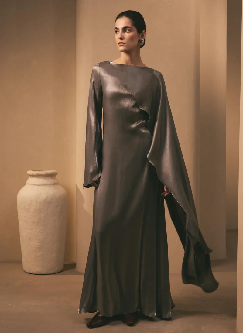 Lichi Textured maxi dress with one shoulder cape