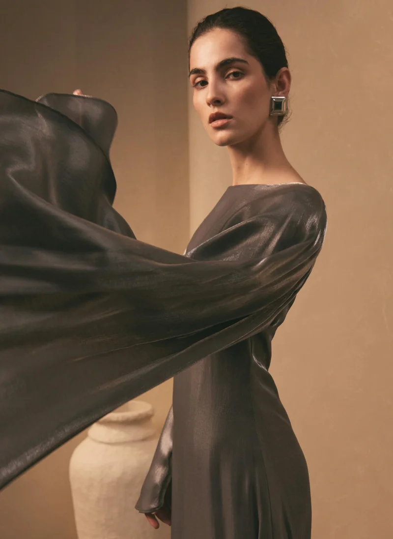 Lichi  Textured maxi dress with one shoulder cape for Women | Best Price UAE