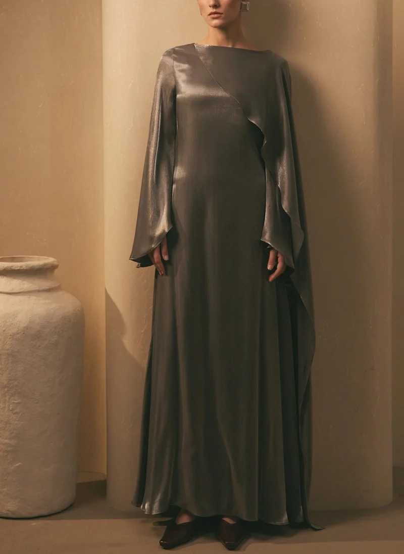 Lichi  Textured maxi dress with one shoulder cape for Women | Best Price UAE