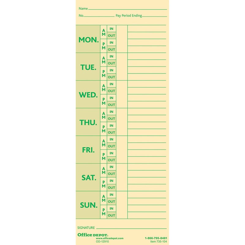 Office Depot Time Cards with Deductions, Weekly, Monday-Sunday Format, 2-Sided, 3 3/8in x 8 7/8in, Manila, pk of 100, GB-735104 - Image 3