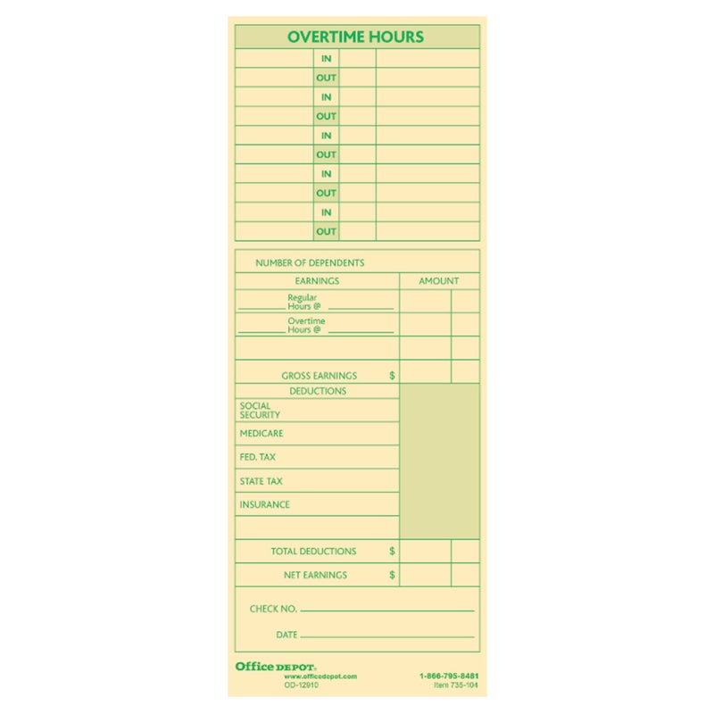 Office Depot Time Cards with Deductions, Weekly, Monday-Sunday Format, 2-Sided, 3 3/8in x 8 7/8in, Manila, pk of 100, GB-735104 - Image 2