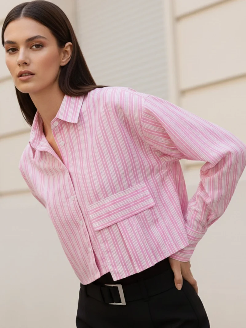 OUTZIDR Pink Cropped Boxy Shirt With Large Pocket Detail