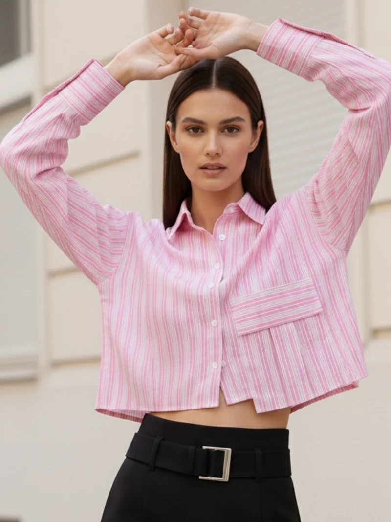 Outzidr  Pink Cropped Boxy Shirt With Large Pocket Detail for Women | Best Price UAE