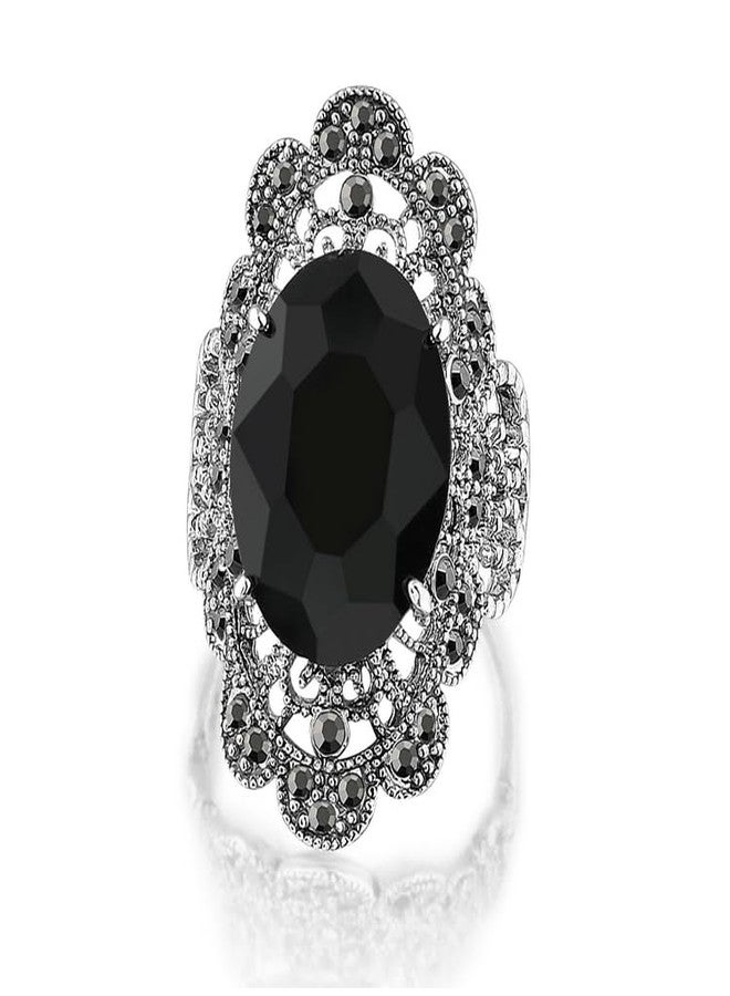 Mytys Retro Vintage Cocktail Statement Ring Black Marcasite & Crystal Rings for Women Antique Silver Big Black Onyx Stone Ring Style 1