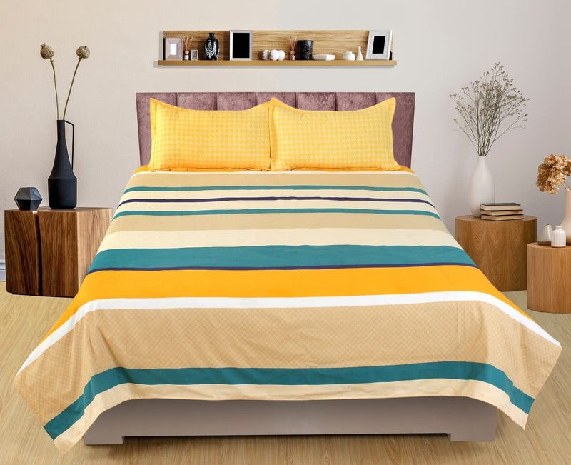 Nendle Abstract Pattern Bedsheet for Double Bed Cotton Blend with 2 Pieces Contrast Pillow Cover of Size 18 by 27 Inches for Living Room (Yellow, 90 by 90 Inches)| H603 | 180 TC - Image 1