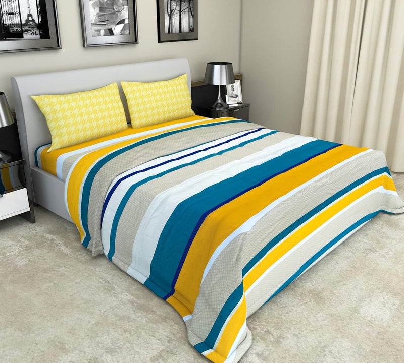 Nendle Abstract Pattern Bedsheet for Double Bed Cotton Blend with 2 Pieces Contrast Pillow Cover of Size 18 by 27 Inches for Living Room (Yellow, 90 by 90 Inches)| H603 | 180 TC - Image 2