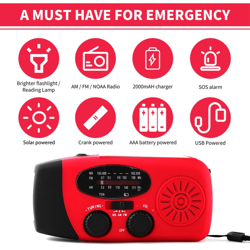 Emergency Hand Crank Radio with LED Flashlight for Emergency AM/FM NOAA Portable Weather Radio Dynamo Radio with 2000mAh Power Bank Phone Charger USB Charged & Solar Power for Camping Emergency - Image 5