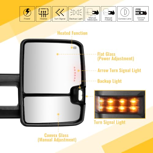 Sanooer Towing Mirrors Chrome for 2007 2008 2009 2010 2011 2012 2013 Chevy Silverado Suburban Tahoe Avalanche GMC Sierra Yukon with Power Glass Turn Signal Light Backup Lamp Heated Extendable Pair Set - Image 2