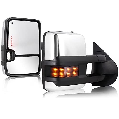Sanooer Towing Mirrors Chrome for 2007 2008 2009 2010 2011 2012 2013 Chevy Silverado Suburban Tahoe Avalanche GMC Sierra Yukon with Power Glass Turn Signal Light Backup Lamp Heated Extendable Pair Set - Image 1