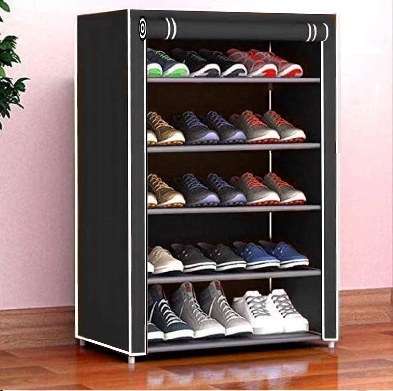 DEMARK Presenting Multipurpose Collapsible Iron Pipe Shoe Rack Wardrobe 5 Layer with Cover Waterproof Dust Resistance for Home (Black) - Image 1