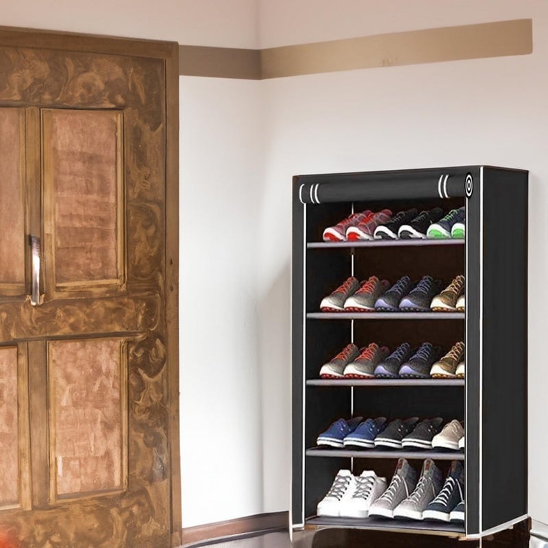DEMARK Presenting Multipurpose Collapsible Iron Pipe Shoe Rack Wardrobe 5 Layer with Cover Waterproof Dust Resistance for Home (Black) - Image 2