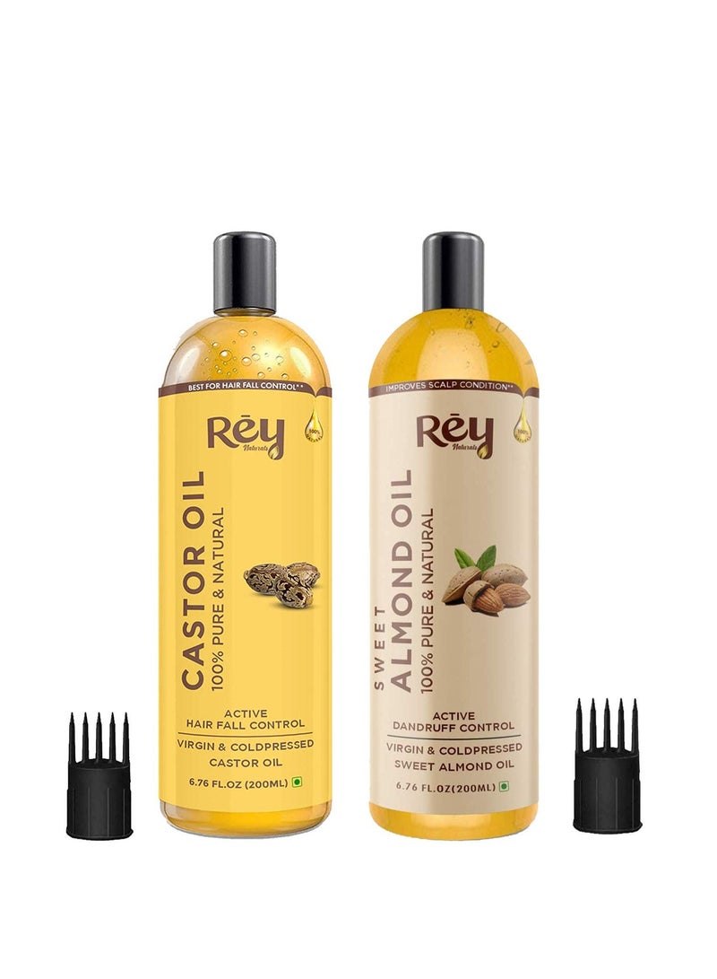 Rey Naturals Cold Pressed Castor Oil Sweet Almond Oil for hair skin 200ml Pack of 2 - Image 1