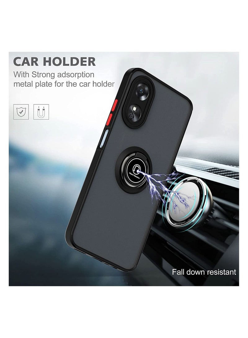 Oppo A17 / Oppo A17K Case, Camera Protection Thin Translucent Shockproof Matte Back Cover with 360 rotational Car Mount Magnetic Ring Holder Case For Oppo A17 / Oppo A17K (Black)