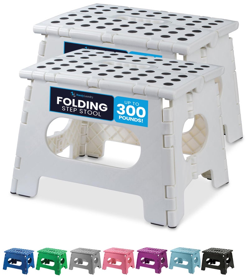 Handy Laundry Folding Lightweight Step Stool - Sturdy Enough to Support Adults and Safe Enough for Kids - Opens Easy with One Flip - Great for Kitchen, Bathroom or Bedroom (White | 2-Pack) - Image 1