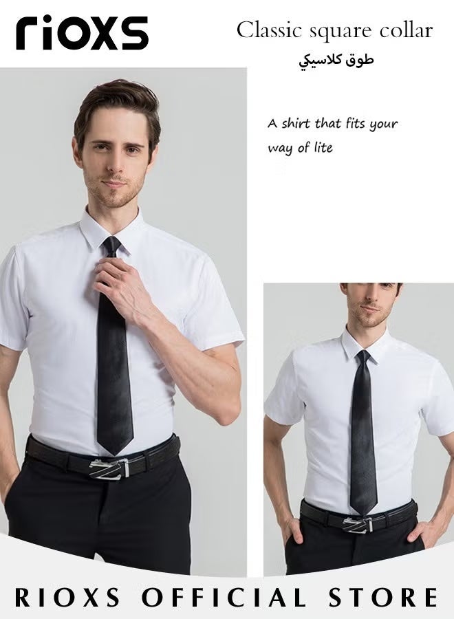 Rixos قميص رجالي بأكمام قصيرة وأزرار، قميص رسمي ضيق ومريح للرجال، قمصان عمل مريحة ومقاومة للتجعد، قمصان صيفية للمكتب والعمل وحفلات الزفاف والمدرسة وغيرها، أبيض - Image 4