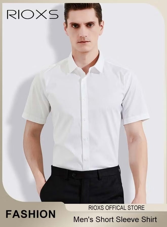 Rixos قميص رجالي بأكمام قصيرة وأزرار، قميص رسمي ضيق ومريح للرجال، قمصان عمل مريحة ومقاومة للتجعد، قمصان صيفية للمكتب والعمل وحفلات الزفاف والمدرسة وغيرها، أبيض - Image 1