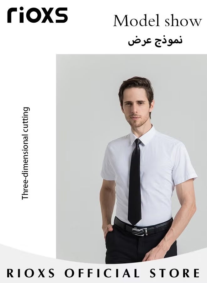 Rixos قميص رجالي بأكمام قصيرة وأزرار، قميص رسمي ضيق ومريح للرجال، قمصان عمل مريحة ومقاومة للتجعد، قمصان صيفية للمكتب والعمل وحفلات الزفاف والمدرسة وغيرها، أبيض - Image 2