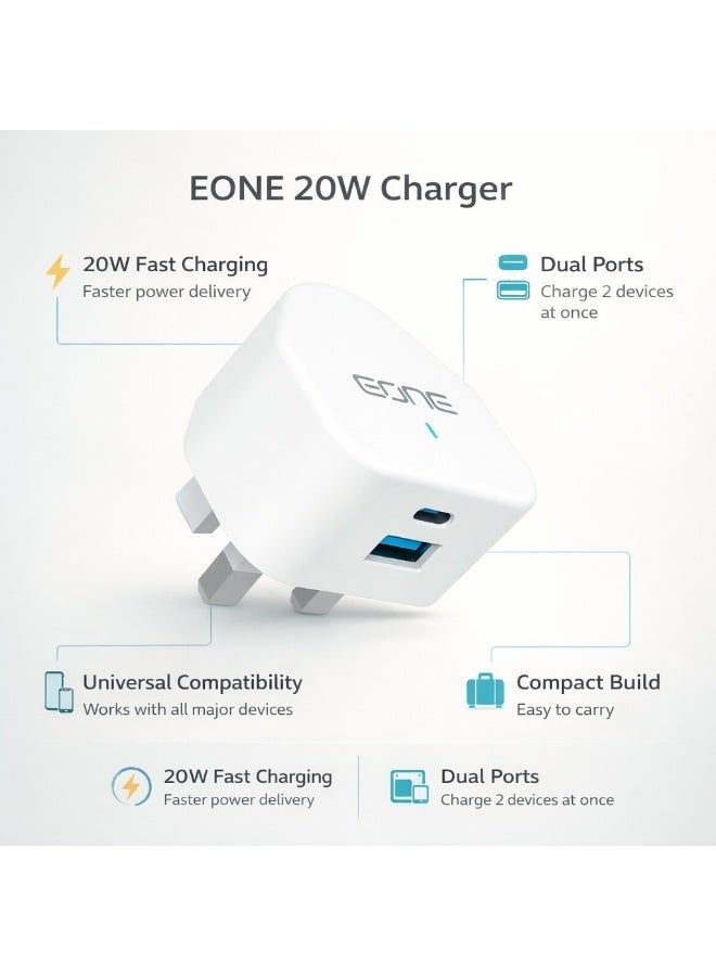 إيون شاحن سريع EONE بقوة 20 واط، مزود بمنفذي USB-C PD و USB-A، شاحن حائط صغير الحجم وسريع الشحن لأجهزة iPhone و Samsung والأجهزة اللوحية - أبيض - Image 3