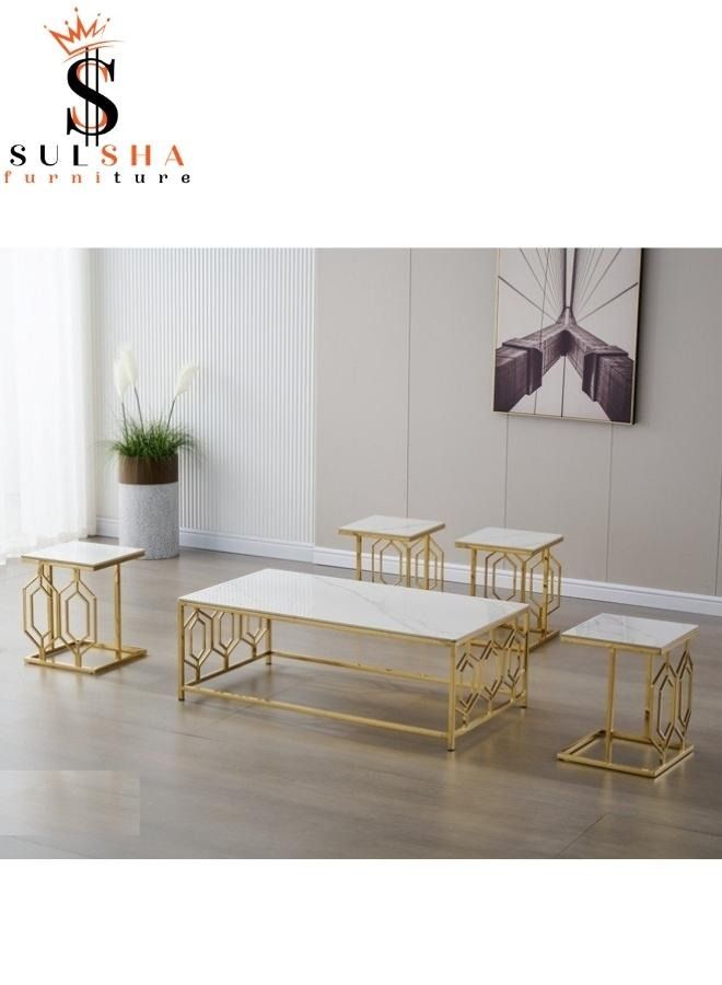 SULSHA Modern Ceramic Top Coffee Table Set With Gold Steel Base 1+4 - Image 1