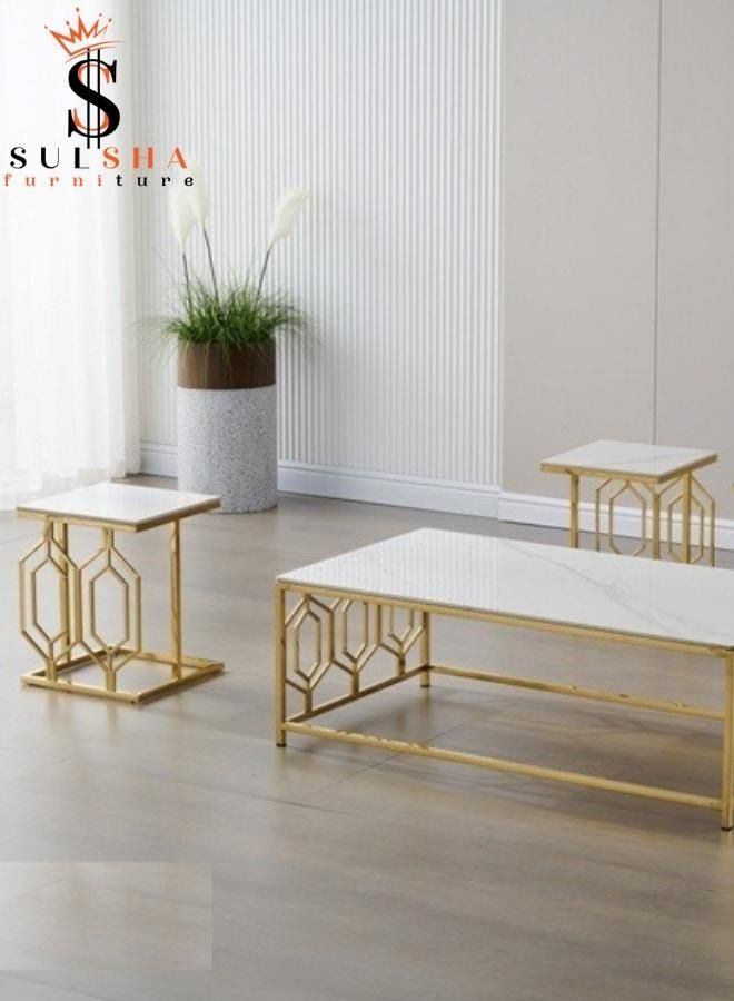 SULSHA Modern Ceramic Top Coffee Table Set With Gold Steel Base 1+4 - Image 3