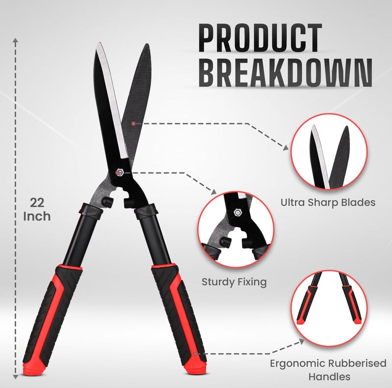 OUTO Hedge Shear 21 Inch Pruning Tool Heavy Duty Garden Scissors with 4mm Blade Cutter for Wood Branch Trimmer & Grass Cutting Gardening Tool (Pack of 1, Black & Red) - Image 2