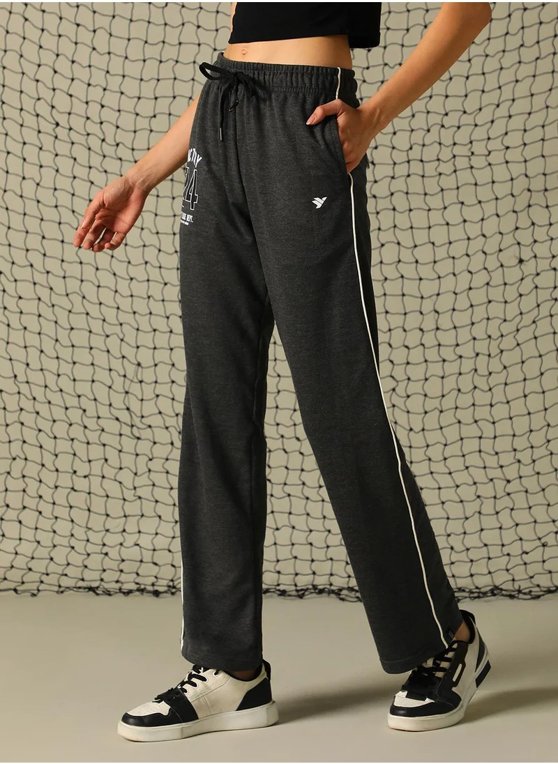 هوبرهولمي Women's Charcoal 100% Polyester Printed Full Length Casual Regular Fit Trouser