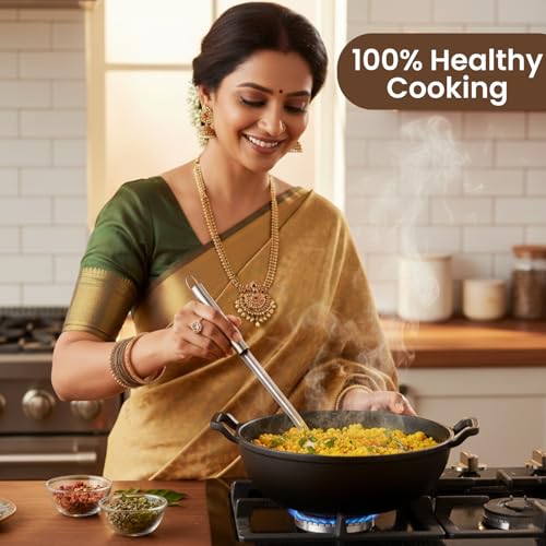 Omichef Pre-Seasoned Cast Iron Kadai with Curved Handle | 25cm / 9.8 Inch, 3.2L (3.3kg) | Induction Friendly | Naturally Non-Stick, Pure & Toxin-Free | Heavy Cast Iron Kadhai No Chemical Coating - Image 5